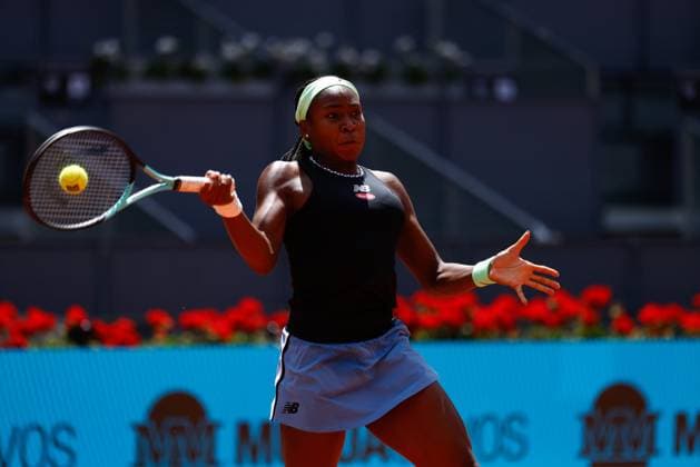 April 27, 2023, MADRID, MADRID, SPAIN: Coco Gauff of United States in action against Irene Burillo of Spain during the Mutua Madrid Open 2023 celebrated at Caja Magica on March 27, 2023 in Madrid, Spain. MADRID SPAIN - ZUMAa181 20230427_zaa_a181_077 Copyright: xOscarxJ.xBarrosox