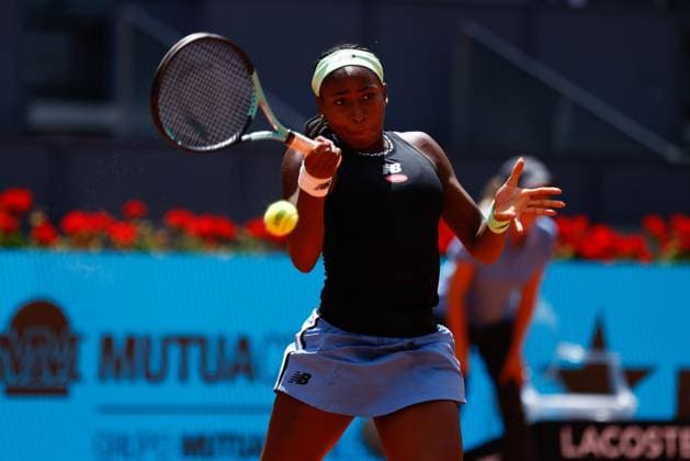 April 27, 2023, MADRID, MADRID, SPAIN: Coco Gauff of United States in action against Irene Burillo of Spain during the Mutua Madrid Open 2023 celebrated at Caja Magica on March 27, 2023 in Madrid, Spain. MADRID SPAIN - ZUMAa181 20230427_zaa_a181_083 Copyright: xOscarxJ.xBarrosox