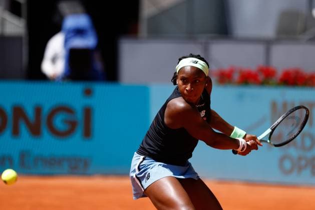April 27, 2023, MADRID, MADRID, SPAIN: Coco Gauff of United States in action against Irene Burillo of Spain during the Mutua Madrid Open 2023 celebrated at Caja Magica on March 27, 2023 in Madrid, Spain. MADRID SPAIN - ZUMAa181 20230427_zaa_a181_088 Copyright: xOscarxJ.xBarrosox