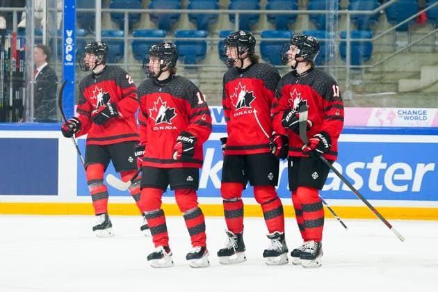 27 04 2023, Basel, St Jakob Arena, IIHF Ice Hockey U18 World Championship Canada vs Switzerland, 17 Macklin Celebrini Canada celebrates with teammates after scoring his team s first goal Basel St Jakob Arena Basel Switzerland  Copyright: xJustPictures.ch DanielaxPorcellix