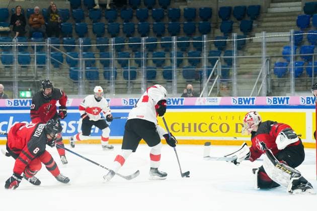 27 04 2023, Basel, St Jakob Arena, IIHF Ice Hockey U18 World Championship Canada vs Switzerland, 7 Timo Bunzli Switzerland celebrates with teammates after scoring his team s first goal Basel St Jakob Arena Basel Switzerland  Copyright: xJustPictures.ch DanielaxPorcellix