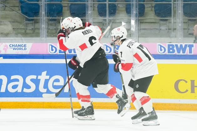 27 04 2023, Basel, St Jakob Arena, IIHF Ice Hockey U18 World Championship Canada vs Switzerland, 7 Timo Bunzli Switzerland celebrates with teammates after scoring his team s first goal Basel St Jakob Arena Basel Switzerland  Copyright: xJustPictures.ch DanielaxPorcellix