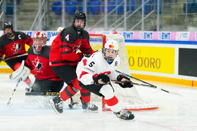 27 04 2023, Basel, St Jakob Arena, IIHF Ice Hockey U18 World Championship Canada vs Switzerland, 5 Leo Braillard Switzerland after a missed chance Basel St Jakob Arena Basel Switzerland  Copyright: xJustPictures.ch DanielaxPorcellix