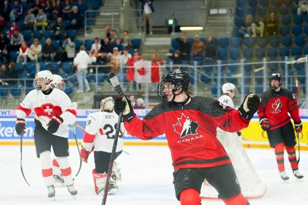 27 04 2023, Basel, St Jakob Arena, IIHF Ice Hockey U18 World Championship Canada vs Switzerland, 17 Macklin Celebrini Canada celebrates after scoring his team s fifth goal Basel St Jakob Arena Basel Switzerland  Copyright: xJustPictures.ch DanielaxPorcellix