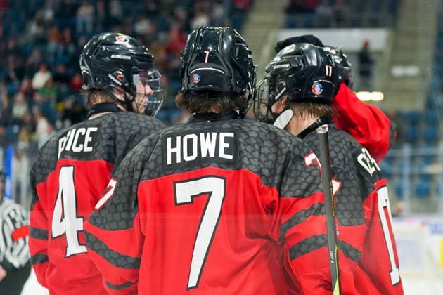 27 04 2023, Basel, St Jakob Arena, IIHF Ice Hockey U18 World Championship Canada vs Switzerland, 17 Macklin Celebrini Canada celebrates with teammates after scoring his team s fifth goal Basel St Jakob Arena Basel Switzerland  Copyright: xJustPictures.ch DanielaxPorcellix