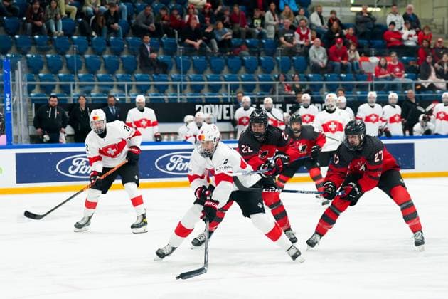27 04 2023, Basel, St Jakob Arena, IIHF Ice Hockey U18 World Championship Canada vs Switzerland, 8 Rico Gredig Switzerland in action Basel St Jakob Arena Basel Switzerland  Copyright: xJustPictures.ch DanielaxPorcellix