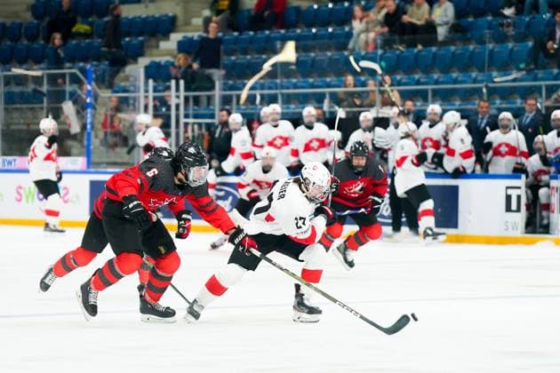 27 04 2023, Basel, St Jakob Arena, IIHF Ice Hockey U18 World Championship Canada vs Switzerland, 27 Simon Meier Switzerland goes forward Basel St Jakob Arena Basel Switzerland  Copyright: xJustPictures.ch DanielaxPorcellix