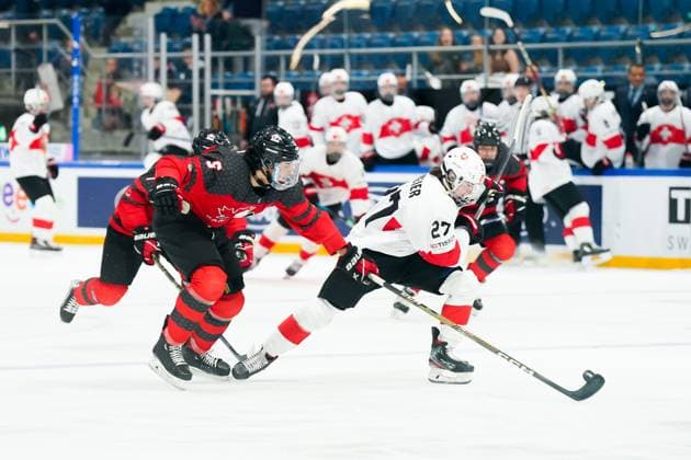 27 04 2023, Basel, St Jakob Arena, IIHF Ice Hockey U18 World Championship Canada vs Switzerland, 27 Simon Meier Switzerland goes forward Basel St Jakob Arena Basel Switzerland  Copyright: xJustPictures.ch DanielaxPorcellix