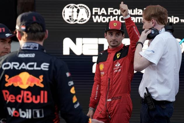 28 04 2023, Baku City Circuit , Baku, FORMULA 1 AZERBAIJAN GRAND PRIX 2023 ,in picture pole position for Charles Leclerc MCO , Scuderia Ferrari, 2 starting position for Max Verstappen NLD , Oracle Red Bull Racing, 3 starting position for Sergio Perez MEX , Oracle Red Bull Racing Baku Baku City Circuit AZERBAIJAN  eu-images-506