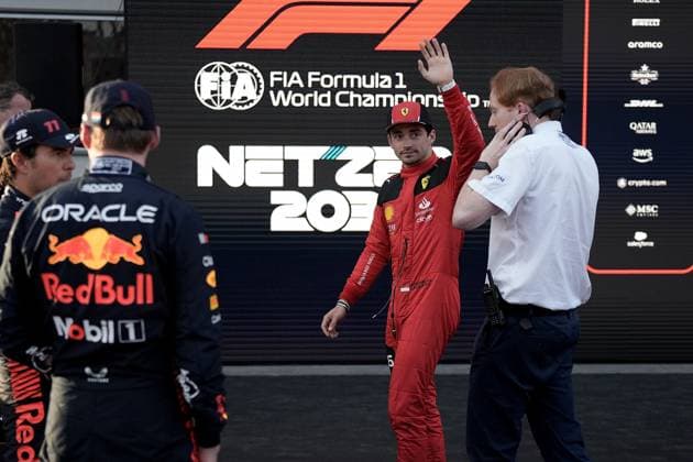 FORMULA 1 AZERBAIJAN GRAND PRIX 2023 28 04 2023, Baku City Circuit , Baku, FORMULA 1 AZERBAIJAN GRAND PRIX 2023 ,in the picture pole position for Charles Leclerc MCO , Scuderia Ferrari, 2 starting position for Max Verstappen NLD , Oracle Red Bull Racing, 3 starting position for Sergio Perez MEX , Oracle Red Bull Racing nordphotoxGmbHx xBratic nph00250