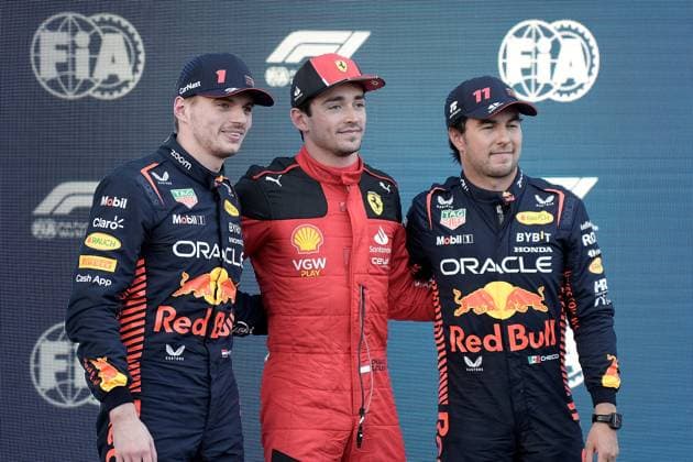 FORMULA 1 AZERBAIJAN GRAND PRIX 2023 28 04 2023, Baku City Circuit , Baku, FORMULA 1 AZERBAIJAN GRAND PRIX 2023 ,in the picture pole position for Charles Leclerc MCO , Scuderia Ferrari, 2 starting position for Max Verstappen NLD , Oracle Red Bull Racing, 3 starting position for Sergio Perez MEX , Oracle Red Bull Racing nordphotoxGmbHx xBratic nph00250