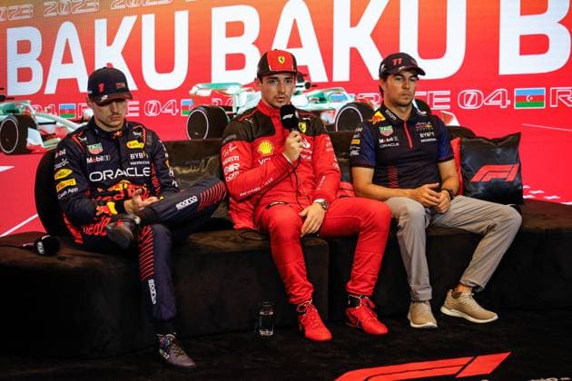 1 Max Verstappen NLD, Oracle Red Bull Racing , 16 Charles Leclerc MCO, Scuderia Ferrari , 11 Sergio Perez MEX, Oracle Red Bull Racing , F1 Grand Prix of Azerbaijan at Baku City Circuit on April 28, 2023 in Baku, Azerbaijan Photo by HOCH ZWEI Baku Azerbaijan