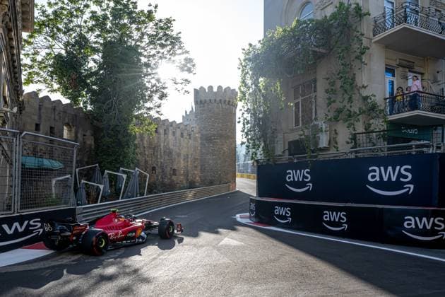 BAKU, AZERBAIJAN: Carlos Sainz, racing for the Ferrari team during the 2023 Formula 1 Azerbaijan Grand Prix at the Baku City Circuit in Baku, Azerbaijan