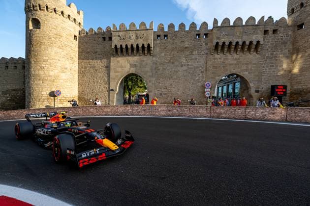 BAKU, AZERBAIJAN: Sergio Perez, racing for the Red Bull Racing team during the 2023 Formula 1 Azerbaijan Grand Prix at the Baku City Circuit in Baku, Azerbaijan