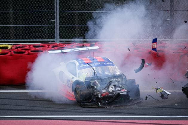 Bilder des Jahres 2023, Sport 04 April Sport Themen der Woche KW17 Sport Bilder des Tages (230429) -- STAVELOT, April 29, 2023 -- U.S. driver P.J. Hyett of Project 1 - AO in Porsche 911 RSR-19 racing car crashes during the qualifying race of LMGTE AM category for the 6 Hours of Spa-Francorchamps, the third round of the 2023 FIA World Endurance Championship (WEC) at Circuit de Spa-Francorchamps in Stavelot, Belgium, April 28, 2023. ) (SP)BELGIUM-STAVELOT-WEC-6 HOURS OF SPA-FRANCORCHAMPS-QUALIFICATIONS ZhengxHuansong 