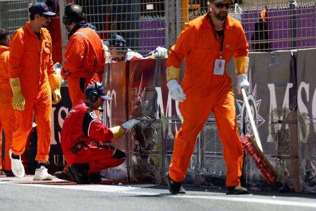 Damaged barrier after crash of 2 Logan Sargeant USA, Williams Racing , F1 Grand Prix of Azerbaijan at Baku City Circuit on April 29, 2023 in Baku, Azerbaijan Photo by HOCH ZWEI Baku Azerbaijan
