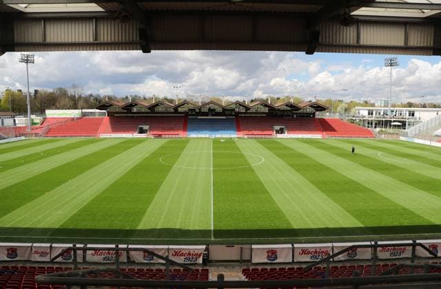 Unterhaching, Germany 29 April 2023 Football, Men, Season 2022 2023, SpVgg Unterhaching Türkgücü Munich, Regionalliga Bayern, Stadion am Sportpark Here is the view of the Alpenbauer Sportpark, Stadion am Sportpark in Unterhaching, home ground of SpVgg Unterhaching, seen from the back straight, east stand to the main stand, west stand.