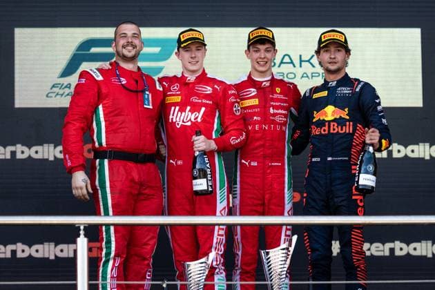Bilder des Jahres 2023, Sport 04 April Sport Themen der Woche KW17 BEARMAN Oliver (gbr), Prema Racing, Dallara F2, portrait, podium with VESTI Frederik (dnk) and CRAWFORD Jak (usa) during the 4th round of the 2023 FIA Formula 2 Championship from April 28 to 30, 2023 on the Baku City Circuit, in Baku, Azerbaijan - AUTO - FORMULA 2 2023 - BAKU DPPI Panoramic  BAK_GP_SR-4754