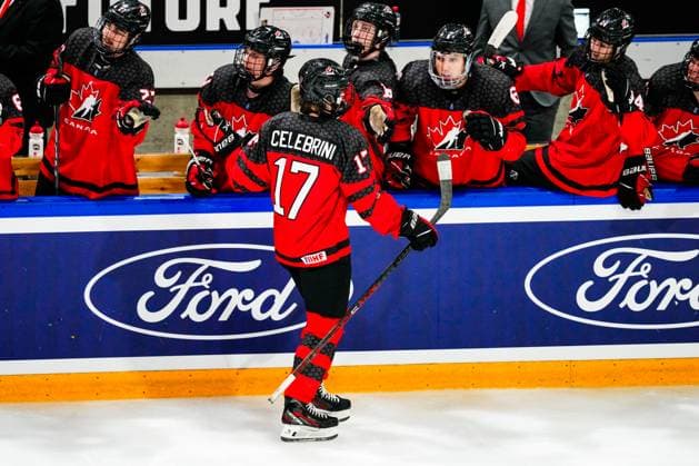 BASEL, SWITZERLAND APRIL 29 Macklin Celebrini of Canada celebrates his goal during the semi final of U18 Ice Hockey World Championship match between Sweden and Canada at St Jakob Park on April 29, 2023 in Basel, Switzerland Basel St Jakob Park Basel Stadt Switzerland  Copyright: xJustPictures.ch JarixPestelaccix
