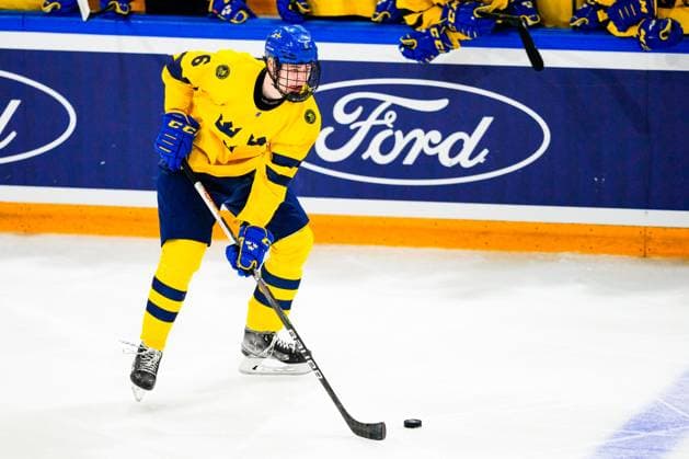 BASEL, SWITZERLAND APRIL 29 Axel Hurtig of Sweden in action during the semi final of U18 Ice Hockey World Championship match between Sweden and Canada at St Jakob Park on April 29, 2023 in Basel, Switzerland Basel St Jakob Park Basel Stadt Switzerland  Copyright: xJustPictures.ch JarixPestelaccix