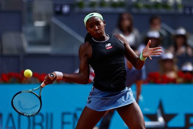April 29, 2023, MADRID, MADRID, SPAIN: Coco Gauff of United States in action against Paula Badosa of Spain during the Mutua Madrid Open 2023 celebrated at Caja Magica on Abril 29, 2023 in Madrid, Spain. MADRID SPAIN - ZUMAa181 20230429_zaa_a181_112 Copyright: xOscarxJ.xBarrosox