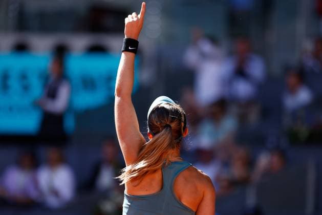April 29, 2023, MADRID, MADRID, SPAIN: Paula Badosa of Spain celebrates after winning against Coco Gauff of United States during the Mutua Madrid Open 2023 celebrated at Caja Magica on Abril 29, 2023 in Madrid, Spain. MADRID SPAIN - ZUMAa181 20230429_zaa_a181_130 Copyright: xOscarxJ.xBarrosox