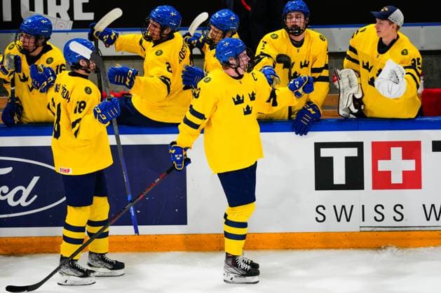 BASEL, SWITZERLAND APRIL 29 Otto Stenberg of Sweden celebrates his goal during the semi final of U18 Ice Hockey World Championship match between Sweden and Canada at St Jakob Park on April 29, 2023 in Basel, Switzerland Basel St Jakob Park Basel Stadt Switzerland  Copyright: xJustPictures.ch JarixPestelaccix