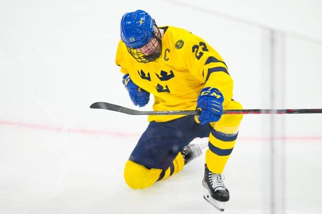 BASEL, SWITZERLAND APRIL 29 Otto Stenberg of Sweden celebrates his goal during the semi final of U18 Ice Hockey World Championship match between Sweden and Canada at St Jakob Park on April 29, 2023 in Basel, Switzerland Basel St Jakob Park Basel Stadt Switzerland  Copyright: xJustPictures.ch JarixPestelaccix