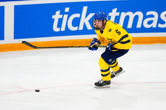 BASEL, SWITZERLAND APRIL 29 Tom Willander of Sweden in action during the semi final of U18 Ice Hockey World Championship match between Sweden and Canada at St Jakob Park on April 29, 2023 in Basel, Switzerland Basel St Jakob Park Basel Stadt Switzerland  Copyright: xJustPictures.ch JarixPestelaccix