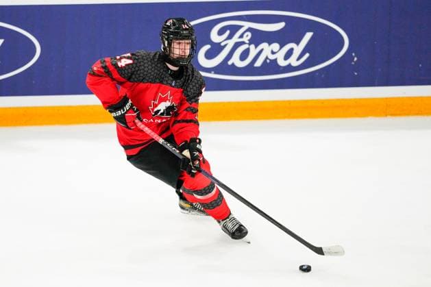 BASEL, SWITZERLAND APRIL 29 Tristan Bertucci of Canada in action during the semi final of U18 Ice Hockey World Championship match between Sweden and Canada at St Jakob Park on April 29, 2023 in Basel, Switzerland Basel St Jakob Park Basel Stadt Switzerland  Copyright: xJustPictures.ch JarixPestelaccix