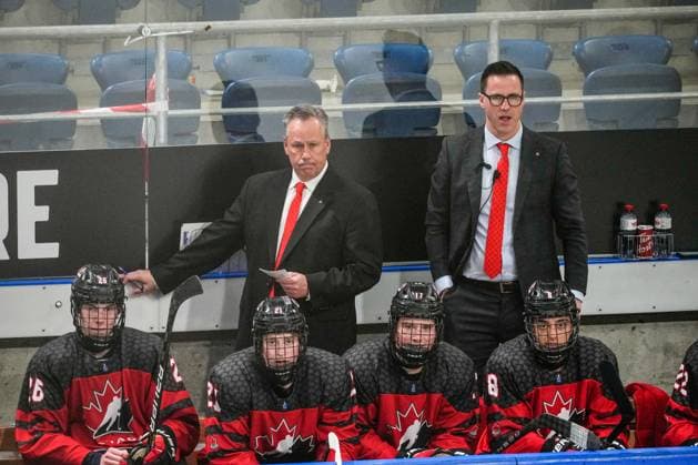 BASEL, SWITZERLAND APRIL 29 head coach Jeff Truitt of Canada L disappointed during the semi final of U18 Ice Hockey World Championship match between Sweden and Canada at St Jakob Park on April 29, 2023 in Basel, Switzerland Basel St Jakob Park Basel Stadt Switzerland  Copyright: xJustPictures.ch JarixPestelaccix