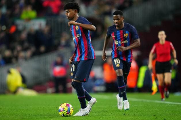 ESP: FC Barcelona, Barca Real Betis. La Liga Santander Lamine Yamal and Ansu Fati of FC Barcelona during the La Liga match between FC Barcelona and Real Betis played at Spotify Camp Nou Stadium on April 29, 2023 in Barcelona, Spain. kpng Copyright: xSergioxRuizx xPRESSINx PS_230429_2259