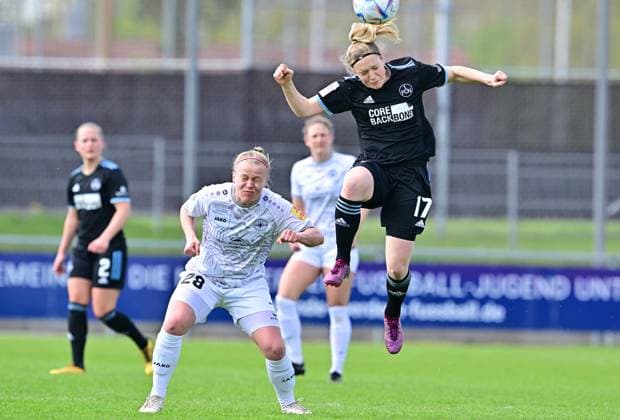 30 04 2023 football women season 2022 2023 2 Bundesliga 22 matchday 1 FC Nürnberg FCN Club SG Andernach Sportfoto Zink regulations prohibit any use of photographs as image sequences and or quasi video xwoxzix Alina Wagner 28, SG 99 Andernach Livia Brunmair 17, 1 FC Nürnberg FCN