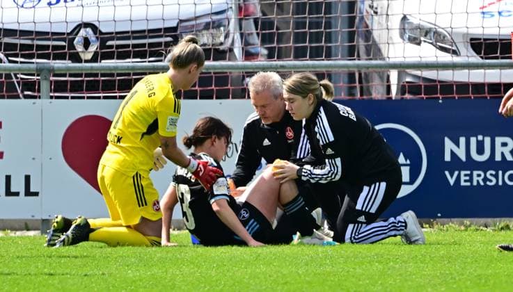 30 04 2023 football women season 2022 2023 2 Bundesliga 22 matchday 1 FC Nürnberg FCN club SG Andernach Sportfoto Zink regulations prohibit any use of photographs as image sequences and or quasi video xwoxzix Lara Felix 13, 1 FC Nürnberg FCN battered on the ground injured injury