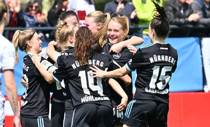 30 04 2023 football women season 2022 2023 2 Bundesliga 22 matchday 1 FC Nürnberg FCN Club SG Andernach Sportfoto Zink regulations prohibit any use of photographs as image sequences and or quasi video xwoxzix goal celebration joy after goal goal shot to 1 0 by Nele Bauereisen 23, 1 FC Nürnberg FCN