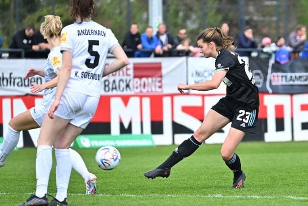 30 04 2023 football women season 2022 2023 2 Bundesliga 22 matchday 1 FC Nürnberg FCN club SG Andernach Sportfoto Zink regulations prohibit any use of photographs as image sequences and or quasi video xwoxzix Nele Bauereisen 23, 1 FC Nürnberg FCN shot goal shot
