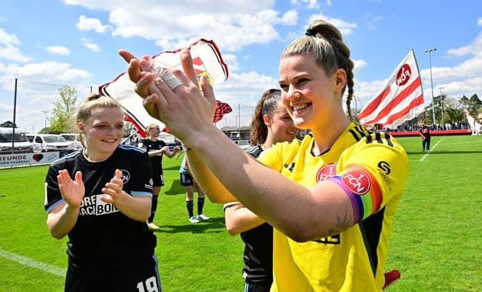 30 04 2023 football women season 2022 2023 2 Bundesliga 22 matchday 1 FC Nürnberg FCN Club SG Andernach Sportfoto Zink regulations prohibit any use of photographs as image sequences and or quasi video xwoxzix Lea Paulick 1, 1 FC Nürnberg FCN jubilation joy after end of game