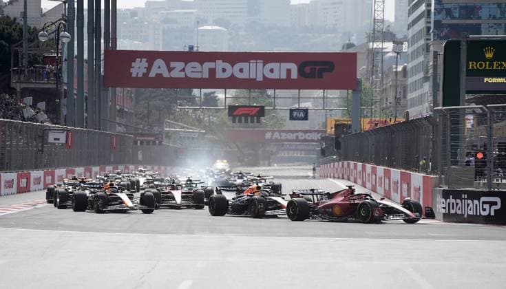 30 04 2023, Baku City Circuit , Baku, FORMULA 1 AZERBAIJAN GRAND PRIX 2023 ,in picture race start Charles Leclerc MCO , Scuderia Ferrari, Sergio Perez MEX , Oracle Red Bull Racing, Max Verstappen NLD , Oracle Red Bull Racing, Lewis Hamilton GBR , Mercedes AMG Petronas Formula One Team, Fernando Alonso ESP , Aston Martin Aramco Cognizant Formula One Team Baku Baku City Circuit AZERBAIJAN eu-images-506