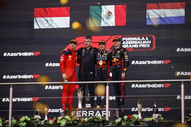 PEREZ Sergio (mex), Red Bull Racing RB19, portrait LECLERC Charles (mco), Scuderia Ferrari SF-23, portrait VERSTAPPEN Max (ned), Red Bull Racing RB19, portrait podium celebration during the Formula 1 Azerbaijan Grand Prix 2023, 4th round of the 2023 Formula One World Championship, WM, Weltmeisterschaft from April 28 to 30, 2023 on the Baku City Circuit, in Baku, Azerbaijan - F1 - AZERBAIJAN GRAND PRIX 2023 - RACE DPPI Panoramic 00122009__R5_9420