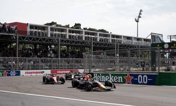 FORMULA 1 AZERBAIJAN GRAND PRIX 2023 30 04 2023, Baku City Circuit , Baku, FORMULA 1 AZERBAIJAN GRAND PRIX 2023 ,in picture Sergio Perez MEX , Oracle Red Bull Racing, Charles Leclerc MCO , Scuderia Ferrari, Max Verstappen NLD , Oracle Red Bull Racing nordphotoxGmbHx xBratic nph00250