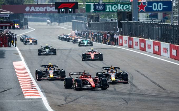16 Charles Leclerc MCO, Scuderia Ferrari , 1 Max Verstappen NLD, Oracle Red Bull Racing , 11 Sergio Perez MEX, Oracle Red Bull Racing , F1 Grand Prix of Azerbaijan at Baku City Circuit on April 30, 2023 in Baku, Azerbaijan Photo by HOCH ZWEI Baku Azerbaijan