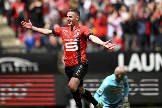 Joie des joueurs du FC Rennesapres le but de Benjamin Bourigeaud (Rennes FC) sur une erreur de Paul Bernardoni (Angers) FOOTBALL : Rennes vs Angers - Ligue 1 - 30 04 2023 JBAutissier Panoramic 
