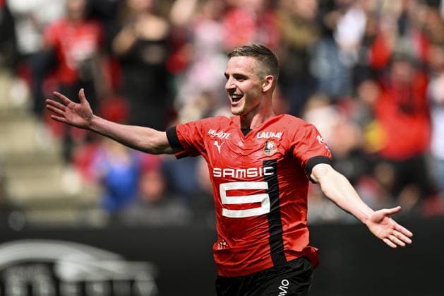 Joie des joueurs du FC Rennesapres le but de Benjamin Bourigeaud (Rennes FC) sur une erreur de Paul Bernardoni (Angers) FOOTBALL : Rennes vs Angers - Ligue 1 - 30 04 2023 JBAutissier Panoramic 