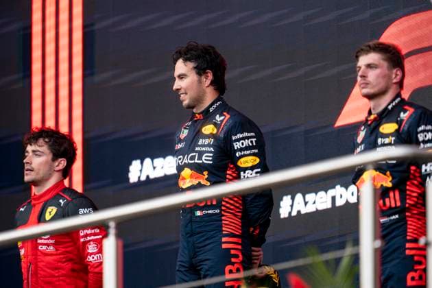 April 30, 2023, Baku, Azerbaijan: CHARLES LECLERC of Monaco and Scuderia Ferrari , SERGIO PEREZ of Mexico and Red Bull Racing and MAX VERSTAPPEN of the Netherlands and Red Bull Racing on the podium after the 2023 FIA Formula 1 Azerbaijan Grand Prix at Baku City Circuit in Baku, Azerbaijan. Baku Azerbaijan - ZUMAg147 20230430_zap_g147_067 Copyright: xJamesxGasperottix