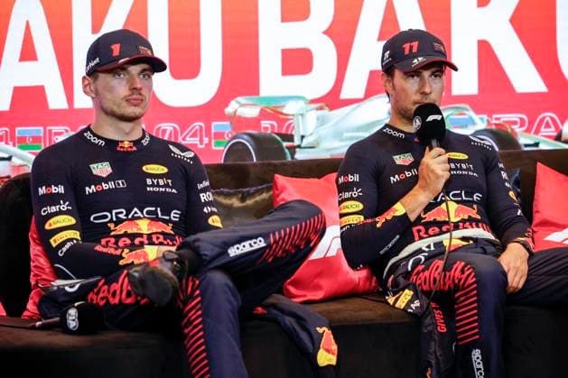 PEREZ Sergio (mex), Red Bull Racing RB19, portrait VERSTAPPEN Max (ned), Red Bull Racing RB19, portrait press conference, PK, Pressekonferenz during the Formula 1 Azerbaijan Grand Prix 2023, 4th round of the 2023 Formula One World Championship, WM, Weltmeisterschaft from April 28 to 30, 2023 on the Baku City Circuit, in Baku, Azerbaijan - F1 - AZERBAIJAN GRAND PRIX 2023 - RACE DPPI Panoramic _R5_9469_1