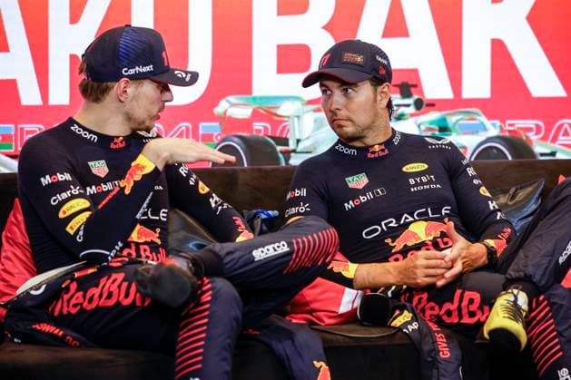 VERSTAPPEN Max (ned), Red Bull Racing RB19, portrait PEREZ Sergio (mex), Red Bull Racing RB19, portrait press conference, PK, Pressekonferenz during the Formula 1 Azerbaijan Grand Prix 2023, 4th round of the 2023 Formula One World Championship, WM, Weltmeisterschaft from April 28 to 30, 2023 on the Baku City Circuit, in Baku, Azerbaijan - F1 - AZERBAIJAN GRAND PRIX 2023 - RACE DPPI Panoramic _R5_9562_1