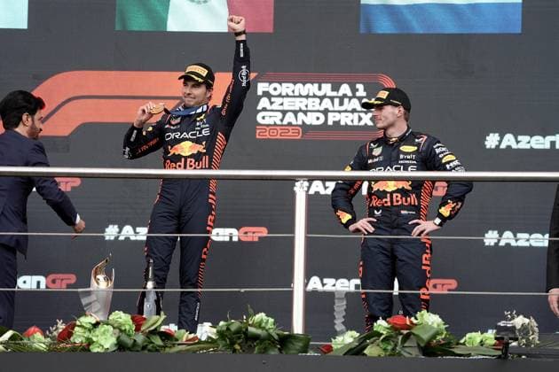 FORMULA 1 AZERBAIJAN GRAND PRIX 2023 30 04 2023, Baku City Circuit , Baku, FORMULA 1 AZERBAIJAN GRAND PRIX 2023 ,in picture winner Sergio Perez MEX , Oracle Red Bull Racing, 2nd place for Max Verstappen NLD , Oracle Red Bull Racing nordphotoxGmbHx xBratic nph00250
