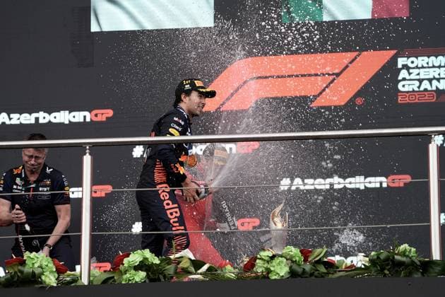 FORMULA 1 AZERBAIJAN GRAND PRIX 2023 30 04 2023, Baku City Circuit , Baku, FORMULA 1 AZERBAIJAN GRAND PRIX 2023 ,in picture winner Sergio Perez MEX , Oracle Red Bull Racing, 2 place for Max Verstappen NLD , Oracle Red Bull Racing, 3 place for Charles Leclerc MCO , Scuderia Ferrari nordphotoxGmbHx xBratic nph00250