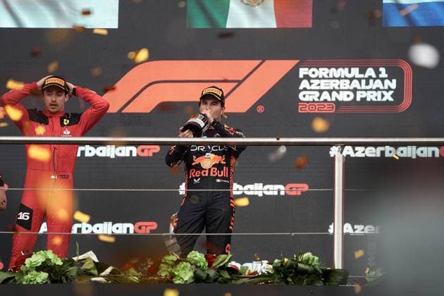 FORMULA 1 AZERBAIJAN GRAND PRIX 2023 30 04 2023, Baku City Circuit , Baku, FORMULA 1 AZERBAIJAN GRAND PRIX 2023 ,in picture winner Sergio Perez MEX , Oracle Red Bull Racing, 2 place for Max Verstappen NLD , Oracle Red Bull Racing, 3 place for Charles Leclerc MCO , Scuderia Ferrari nordphotoxGmbHx xBratic nph00250