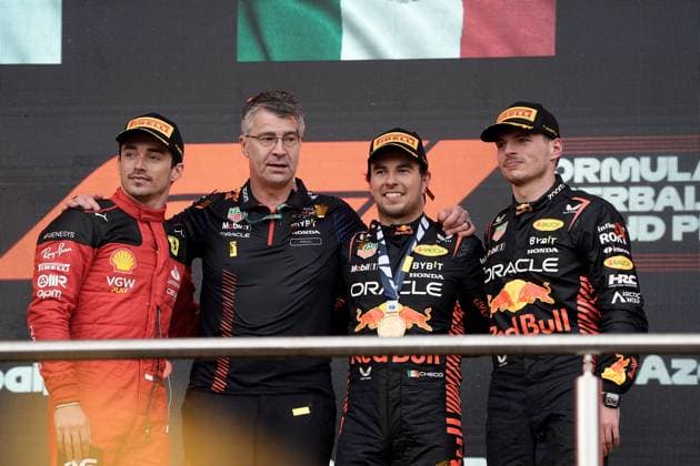 FORMULA 1 AZERBAIJAN GRAND PRIX 2023 30 04 2023, Baku City Circuit , Baku, FORMULA 1 AZERBAIJAN GRAND PRIX 2023 ,in picture winner Sergio Perez MEX , Oracle Red Bull Racing, 2 place for Max Verstappen NLD , Oracle Red Bull Racing, 3 place for Charles Leclerc MCO , Scuderia Ferrari nordphotoxGmbHx xBratic nph00250